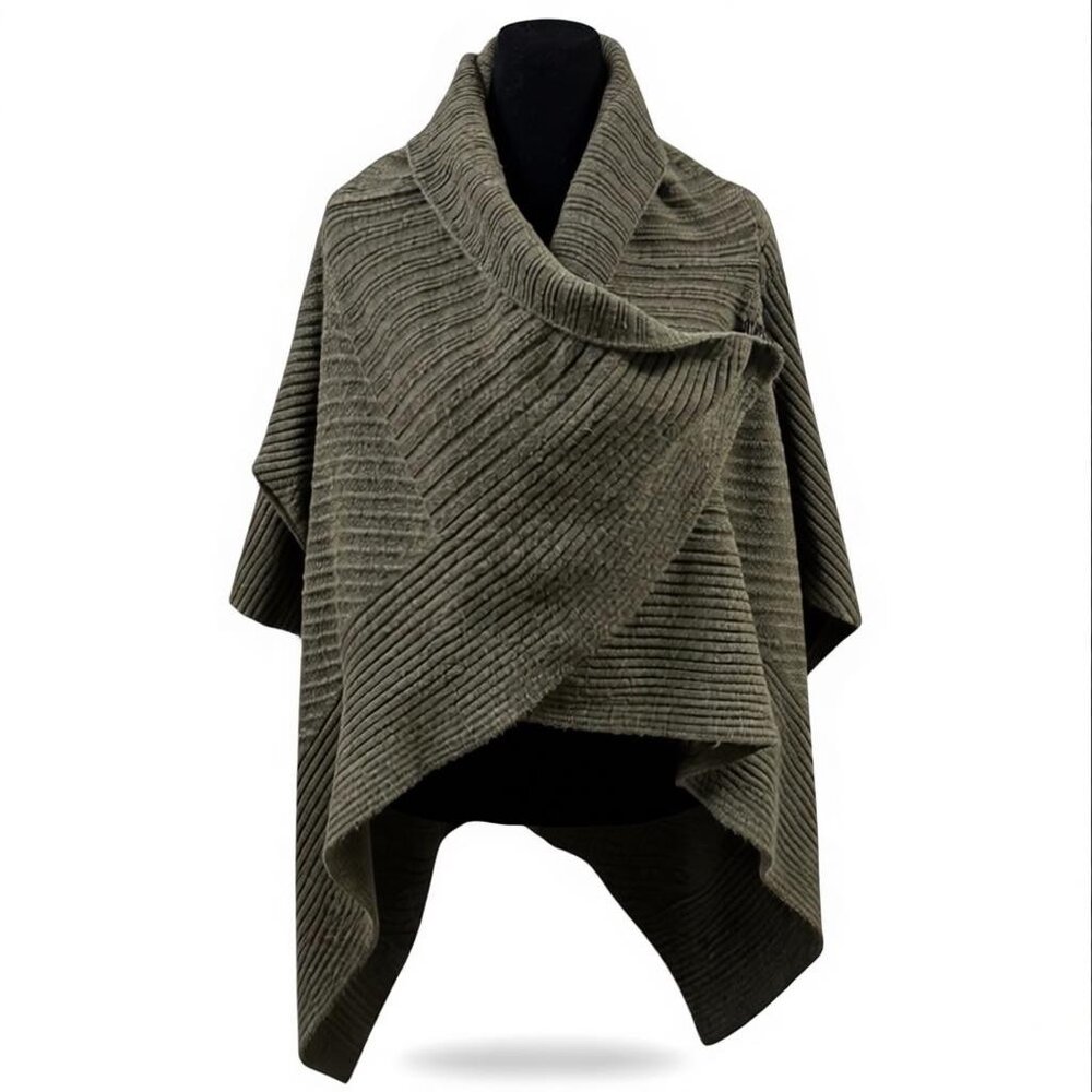 Simply Vera Wang Olive Green Wrap Poncho Small Sweater Ribbed Dark Academia